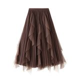 Spring New High-Waisted Lotus Leaf Side Splicing Mesh Dress Half-Dress Woman's Long-Term Large Folding Skirt