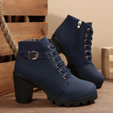 High-Heeled Side Zipper Martin Boots Women's Singles Belt Buckle And Short Boots Round Head Tie And Bare