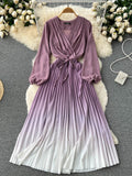 Draped Long Dress Women Elegant V-Neck Puff Sleeve High Waist Pleated A-Line Party Vestidos Female Spring