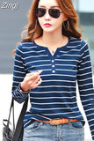 Shirt Spring Autumn Female Clothing Cotton T-Shirt Women Long Sleeve Striped Fashion Top Tee Lady V-neck Casual 7215