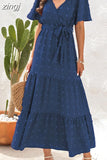 Maxi Dress Women Elegant Jacquard Sundress Female Boho Beach Green Long Dress Loose Retro Short Sleeve