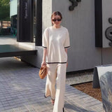 Fashion Suit Temperament Bumpy Open Fork Short-Sleeved Knit Shirt High Waist Thin Leg Trousers Two