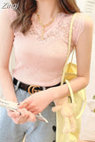 Women Camisole Lace Blouse Sweet Hollow Casual Slim Sleeveless T-shirt V Neck Knitted Cotton Bottoming Shirt Korean Top