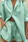 Shirt Women Loose Shorts Set Office Lady Tracksuit Long Sleeve Two Piece Sets 2023 Summer Blouses and Shorts Suit