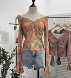 Vintage Print V-Neck Horn Sleeve Top Wooden Ear Lace With Short-Sleeved Long-Sleeved T-Shirt