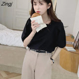 Women Ulzzang Fashion Simple Solid Basic Office Folds Elegant Puff Sleeve Square Collar Streetwear Retro Baggy