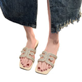 Flat-Bottomed Slippers Women 2025 Summer New Diamond Pearl Decoration Large-Size Women Cold