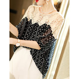 Lace Summer Print Blouse Loose Women Hollow Crochet Splice Sexy Shirt Lady Casual Short Sleeve O Neck Tops Female