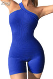 Women Sports Rompers Ribbed Biker Shorts Solid Color Irregular Strap Jumpsuits Workout Fitness Bodycon Playsuits