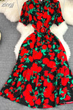 Vintage Women Printed Long Dress Elegant Turn-Down Collar Single Breasted Short Sleeve High Waist A-Line Maxi Vestido