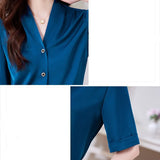 Shirt Women Satin Vintage Shirts OL Basic Blouse Women Short Sleeve Blouses Silk Fashion Women's Clothing Solid Women