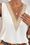 Summer Sleeveless Tank Tops V-neck Chiffon Shirt Woman Lace White Satin Blouse Casual Loose Office Lady Elegant