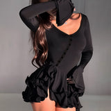 Women's Clothing 2025 Summer New Horn Sleeves Low-Chested Sexy Hottie Button