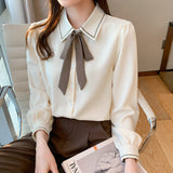 Women Shirt Long-sleeved Blouse Lace Up Chiffon Shirts 2023 Spring New Fashion Women Clothing Bowknot Elegant Womens