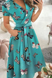 Women Summer Long Dress Short Sleeve V Neck Solid Vintage Elegant Chic Shirt Dress With Belt Office Ladies Party