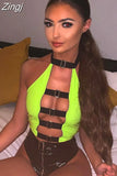 PU Leather Buckle Sexy Crop Top Women Club Wear Rave Outfit Festival Clothing Backless Halter Tank Tops Spring