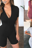 Women Ladies Deep V-neck Short Sleeve Bodysuit Playsuit Jumpsuit Stretch Front Zip Up Bodycon Sport Leotard Tops