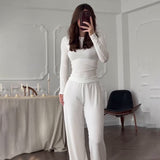 Summer New Women's Round Neck Solid Color Wide Leg Pants Temperament Commut Fashion