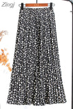 Women 2023 High Waist Floral Print Mid Calf Long Pleated Skirt Girls Summer Vintage Elegant Chiffon Midi