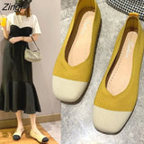 NEW Women Slip On Flat Loafers Patchwork Square Toe Shallow Ballet Flats Shoes knitting Casual Flat Shoes Ballerina