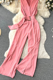 Vintage V-Neck Wide Leg Jumpsuits Women Elegant Red/Green/Orange Sleeveless High Waist Romper With Belts New Fashion