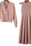 Women Suit Knitted Sweaters and Dress Two Pieces Set 2023 Autumn Winter Solid Casual Knitwear Cardigans Jumpers Pull