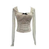 Pat With Chest Cushion Square Collar Bow Lace Long Sleeve Bottom Top Dress Slim Slim Short Shirt