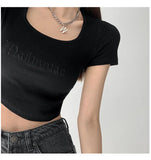 Zingj Letter Embroidered Slim Bottom Shirt Square Collar Low Breast Collarbone Short-Sleeve T-Shirt Midcrop High Waist
