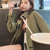 Cargo Jackets Women Japanese Style Unisex All-match Autumn Cozy Baggy Stand Collar Vintage Overcoat Chic Couples