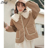 Kawaii Peter Pan Collar Short Jackets Women Vintage Sweet Preppy Style Patchwork Winter Parkas Female Warm Padded