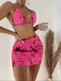 2022 New Marble Printed Mesh Three-Piece Short Skirt Swimsuit