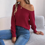 Shooting 2025 Autumn And Winter Casual Pure Color Hollow Shoulder Long-Sleeved Cover Sweater Women's