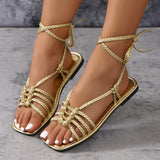 Foot Ring Strap Flat Sandals Woman New Woven Belt Toe Golden Sand Cool