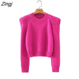 Women Fashion O neck Solid Hollow Out Shoulder Casual Short Knitting Sweater Ladies Chic Crochet Pullovers Tops