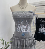 Kitten Print Bow Sweetheart Hottie With Chest Pads With Chest Bra Vest Wooden Ear Top
