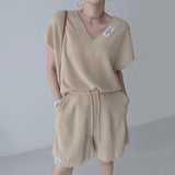 Chic Sweet V-Neck Loose Letter Sticker Short-Sleeved Knitwear + Rope High-Waisted Leisure Wide-Legged Shorts