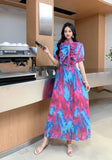 Design Wood-Like Ear-Side Bubble-Sleeved Dress Women's Waist Thin Temperament Print 100-Fold French Holiday