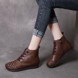Time 138] National Wind Leather Hand-Woven Flat Bottom Short Boots Cow Skin Boots Soft Bottom Women's Cotton