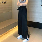 Women Summer Fashion Korean Style Baggy Wide Leg Harajuku Black Ladies Trouser Vintage High Waisted Slit Streetwear