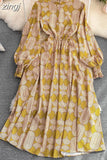 Vintage Women Printed Dress Female Elegant Stand Collar Lantern Long Sleeve High Waist A-Line Midi Vestidos New