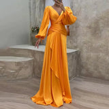 Zingj Summer New Cross Close Waist Fold Long Sleeve Temperament Show Thin Dress-Outfit