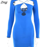 Double Layer Slim Women Dress Long Sleeve Sexy Bodycon Low-Cut Ladies Dresses Hollow Out Backless Women's Clothing