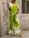 Summer Set Printing V-Neck Bat Sleeve Blouse Long Pants Fashion