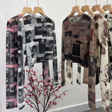 Real Shooting Front Double-Layer Tie-Dye Printing Mesh Long-Sleeved Top Short High-Waisted T-Shirt T-Shirt