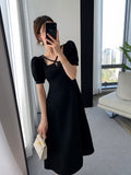 Summer Women Fashion Elegant Casual Solid Puff Sleeve Midi Dresses Evening Office Lady Female A Line Clothes Vestdios