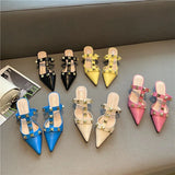 New Rivet Pointed Thin Heel Baotou Half Slipper Female Middle Heel Shallow Mouth Lazy Mueller
