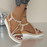 And Summer New Round Head Flat Bottom Heel Sandals Women Weaving Beads Toe Bohemian Thick-Soled Beach