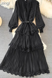 Autumn Women Lace Long Dress Vintage Round Neck Lantern Sleeve High Waist Cascading Ruffle Pleated Party Maxi