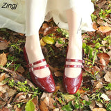 Patent Leather Women Pumps Retro Thick High-heeled Female Pumps Square Heels Scalp Vintage Women Mary Jane