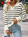 Women's Striped Knitted Jumper Oversize Winter V Neck Casual Tops Polo Pullover Women Long Sleeve Sweaters for